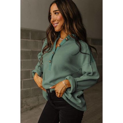 Smoke Green Waffle Long Sleeve Collar Half Button Loose Top