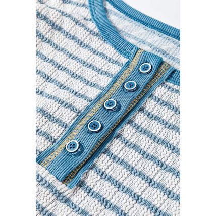Sky Blue Stripe Textured Frilly Trim Buttons Henley Long Sleeve Top