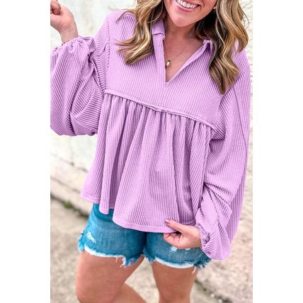 Phalaenopsis Corded Turn-down V Neck Bubble Sleeve Babydoll Blouse