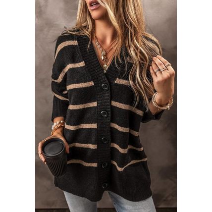 Black Stripe Buttoned V Neck Drop Shoulder Loose Cardigan