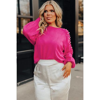 Strawberry Pink Pearled Decor Raglan Sleeve Plus Size Sweater