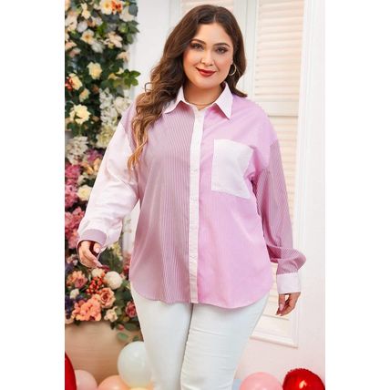 Pink Stripe Print Colorblock Plus Size Shirt