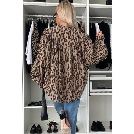 Light French Beige Oversized Leopard Print Balloon Sleeve Casual Shirt