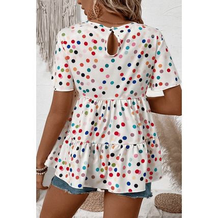 White Colorful Polka Dot Short Sleeve Tiered Ruffled Babydoll Blouse