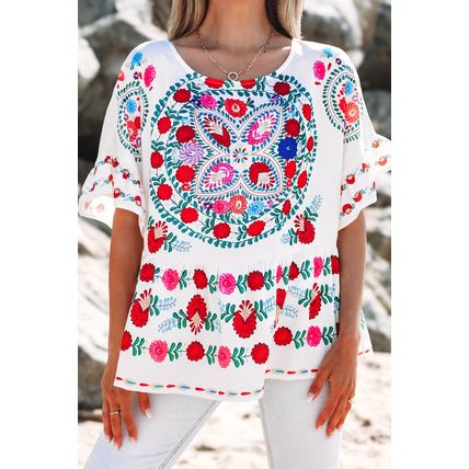 White Boho Floral Print Round Neck Ruffle Trim Blouse