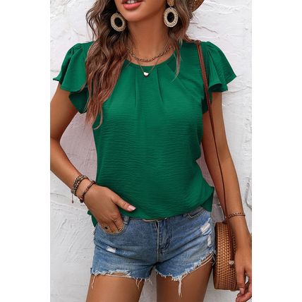 Blackish Green Flounce Sleeve Pleated Textured Blouse