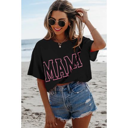 Black MAMA Letter Graphic Neon T Shirt
