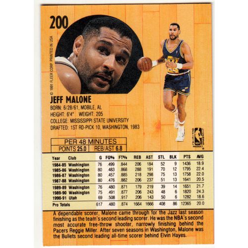 1991 Fleer Basketball card 200 Jeff Malone - Jazz