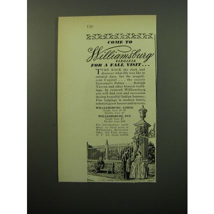 1950 Williamsburg Virginia Ad - Come to Williamsburg Virginia for a fall visit