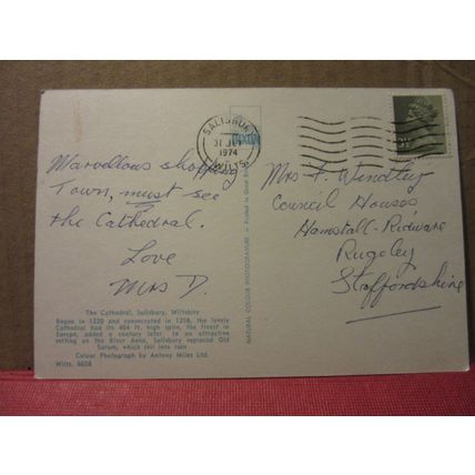 SALISBURY CATHEDRAL, WILTSHIRE used postcard 1974 pm . J. Arthur Dixon =