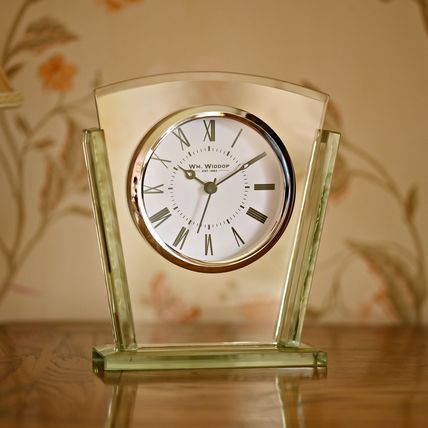 Widdops Glass Mantel Clock Glass Art Deco Style 15 CM White Face Roman Numerals