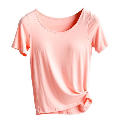 Women's Relaxed Fit Short Sleeve Shirts T-Shirt w/Built in Cup Shelf Bra Run Sm