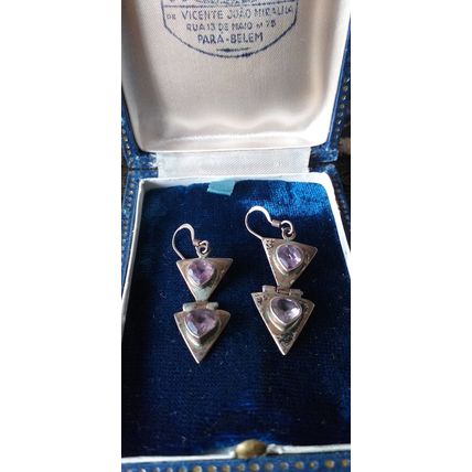Antique Vintage Edwardian Natural Amethyst 925 Silver Earrings - 5.20 grams.