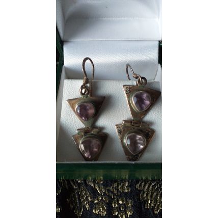 Antique Vintage Edwardian Natural Amethyst 925 Silver Earrings - 5.20 grams.