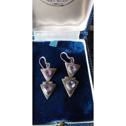 Antique Vintage Edwardian Natural Amethyst 925 Silver Earrings - 5.20 grams.