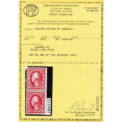411, Mint VF LH 2¢ Coil Line Pair - With PFC Certificate - Stuart Katz