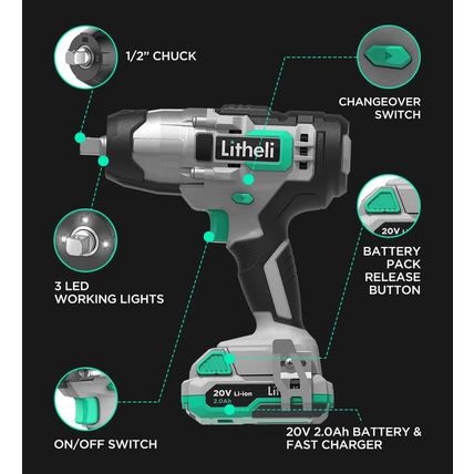 Litheli Impact Wrench Cordless, 1/2 Inch Power Impact Driver with 320 Ft-Lbs(430