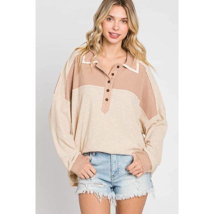 Apricot Oversized Knit Top With Waffle Contrast
