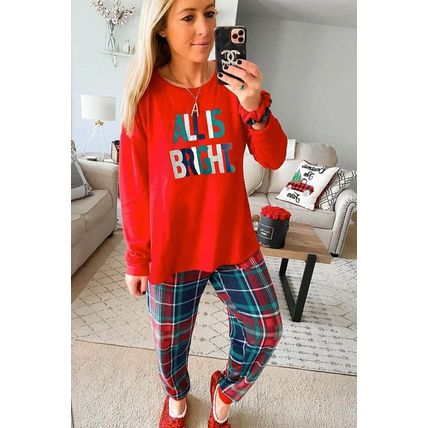 Multicolor ALL IS BRIGHT Graphic Christmas Plaid Pajamas Set