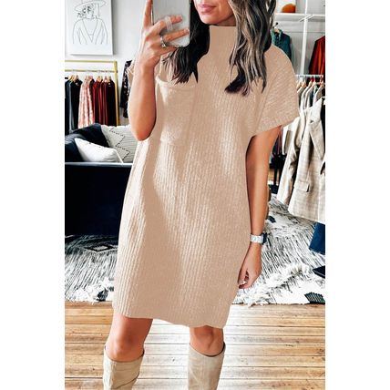 Oatmeal Patch Pocket Ribbed Knit Short Sleeve Sweater Dress
