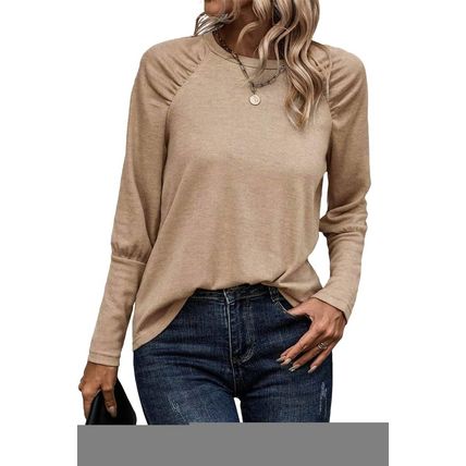 Pale Khaki Solid Ruched Raglan Sleeve Knit Top
