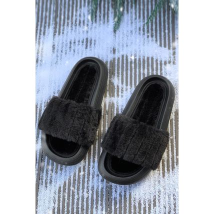 Black Plush Band Comfy Home Slippers
