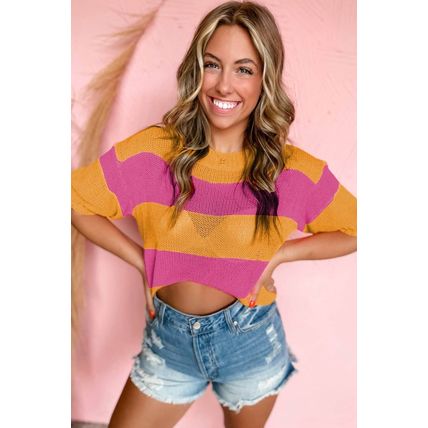 Orange Stripe Color Block Knitted T-shirt Sweater