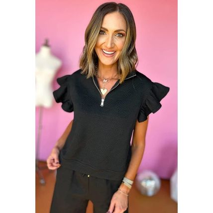 Black Textured Flutter Sleeve Top Wide Leg Pants Set