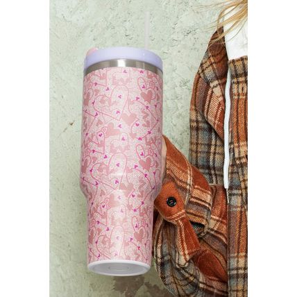 Apricot Pink Valentine Heart Shaped Print Stainless Steel Vacuum Cup