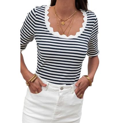 Black Striped Contrast Scallop Trim Half Sleeve T-shirt