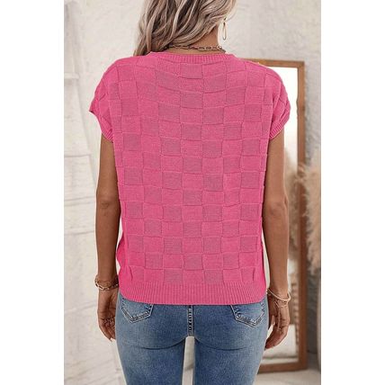 Bright Pink Lattice Textured Knit Short Sleeve Sweater