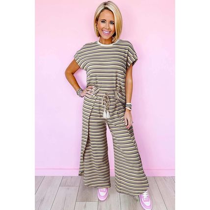 Black Stripe Rainbow Tee Tasseled String Wide Leg Pants Set