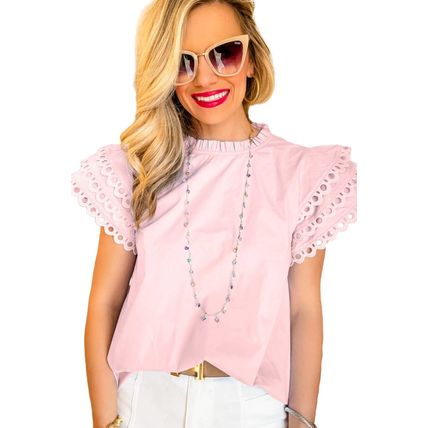 Light Pink Layered Ric Rac Cap Sleeve Frilled Neck Blouse