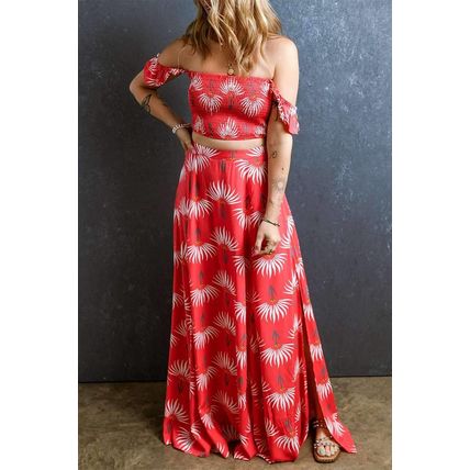 Red Floral Shirred Off Shoulder Crop Top and Slit Maxi Skirt Set