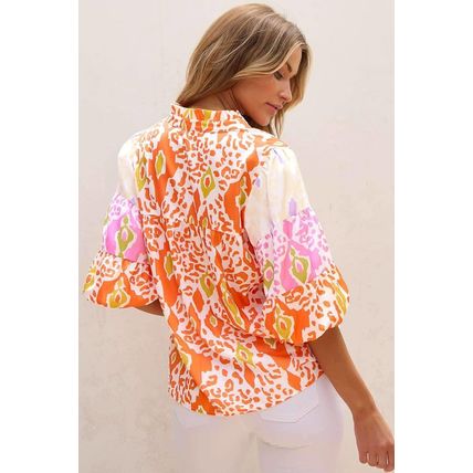 Orange Leopard Colorblock Puff Sleeve Split Neck Blouse