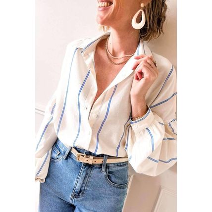 Sky Blue Stripe Drop Shoulder Bubble Sleeve Loose Shirt