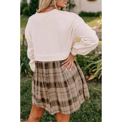 Beige Plaid Patchwork High Waist Sweatshirt Mini Dress