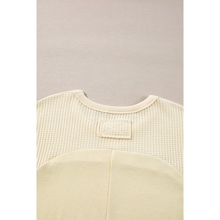 Beige Thermal Knit Patchwork Exposed Seam Long Sleeve Top