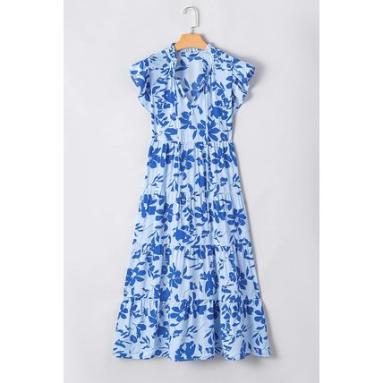 Sky Blue Floral Print Tiered Frilled Trim Flutter Sleeve Maxi Dress