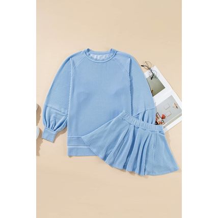 Sky Blue Corded Lantern Sleeve Top High Waist Ruffled Mini Skirt Set