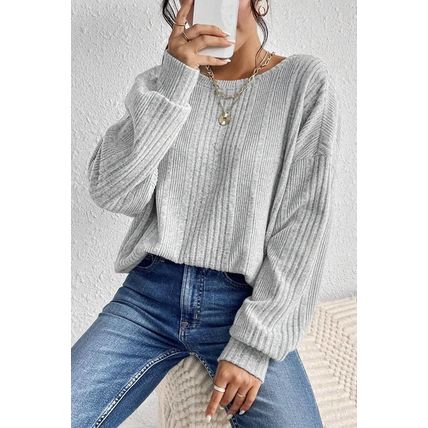 Light Grey Textured Crossover Backless Knit Long Sleeve Top