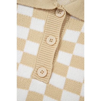 Apricot Checkered Buttons Collar V Neck Drop Shoulder Sweater