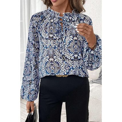 Blue Tribal Print Lace-up Frilled Neck Puff Sleeve Blouse