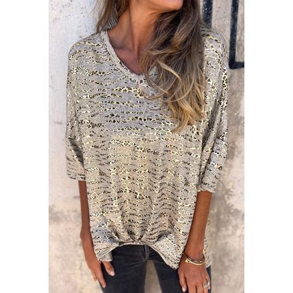 Gray Leopard Print Half Sleeve V Neck Loose Fit T Shirt
