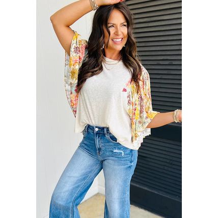Beige Floral Patchwork Half Batwing Sleeve Blouse