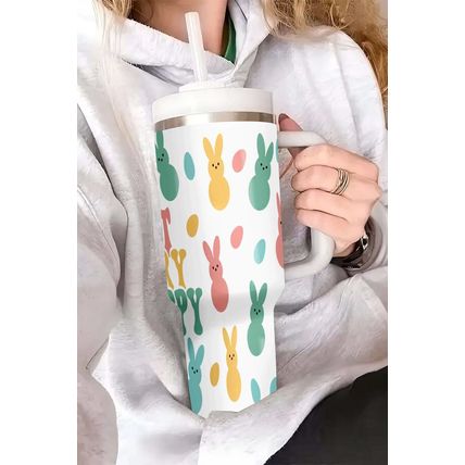 White DONT WORRY BE HOPPY Bunny Print Thermal Tumbler 40oz