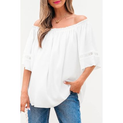 White Frilly Off Shoulder Lace Insert Sleeve Textured Blouse