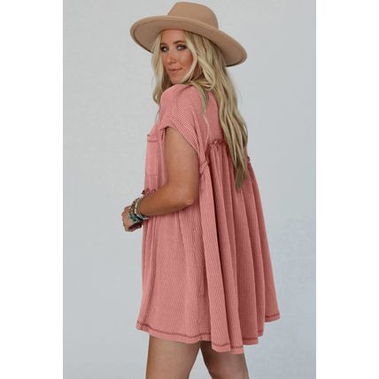 Dusty Pink Corded Knit Textured Patched Pocket Frilled Swing Mini Dress with Poc