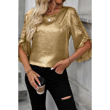Gold Metallic Luster Frilled Half Sleeve Blouse