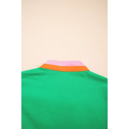 Bright Green Contrast Striped V Neck Collision Short Puff Sleeve Blouse
